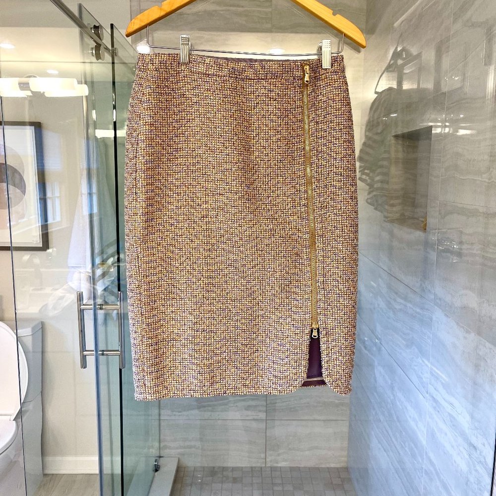 NWT - J.Crew Purple Gold Sparkle Tweed Zip Front Skirt - size 6